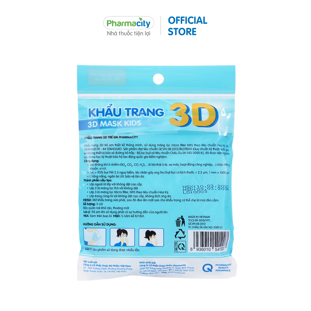 Khẩu trang y tế 3D Pharmacity màng lọc N95 lọc bụi mịn và vi khuẩn (Gói 5 cái)