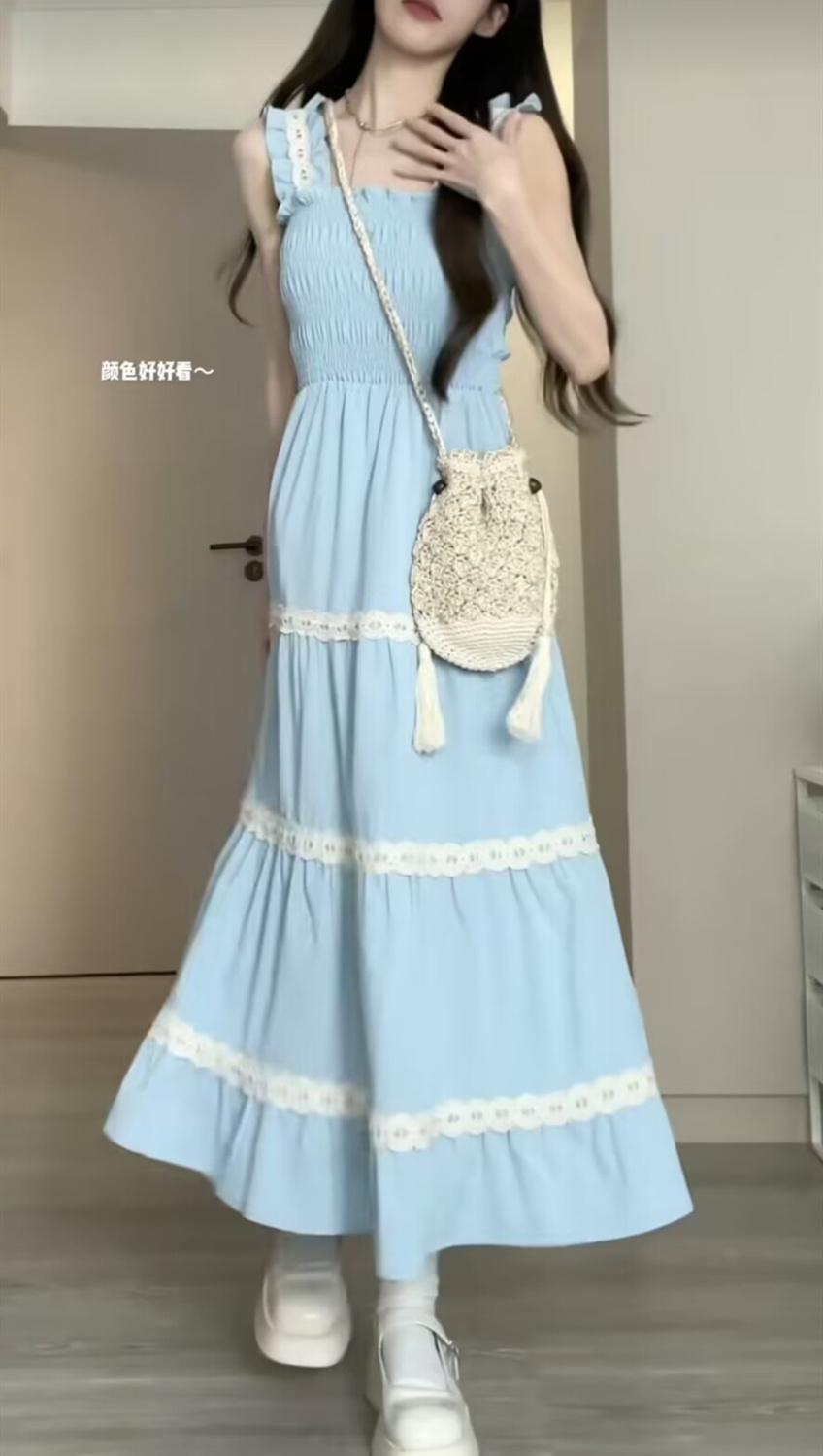 SHUANGYAN Phong cách Pháp lãng mạn thiết kế ren dây đeo váy nữ dây đeo khí chất hiển thị gầy váy đen+cardigan hai bộ