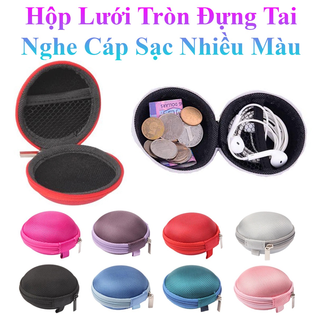 Hộp Lưới Tròn Đựng Tai Nghe, Cáp Sạc Nhiều Màu Sắc