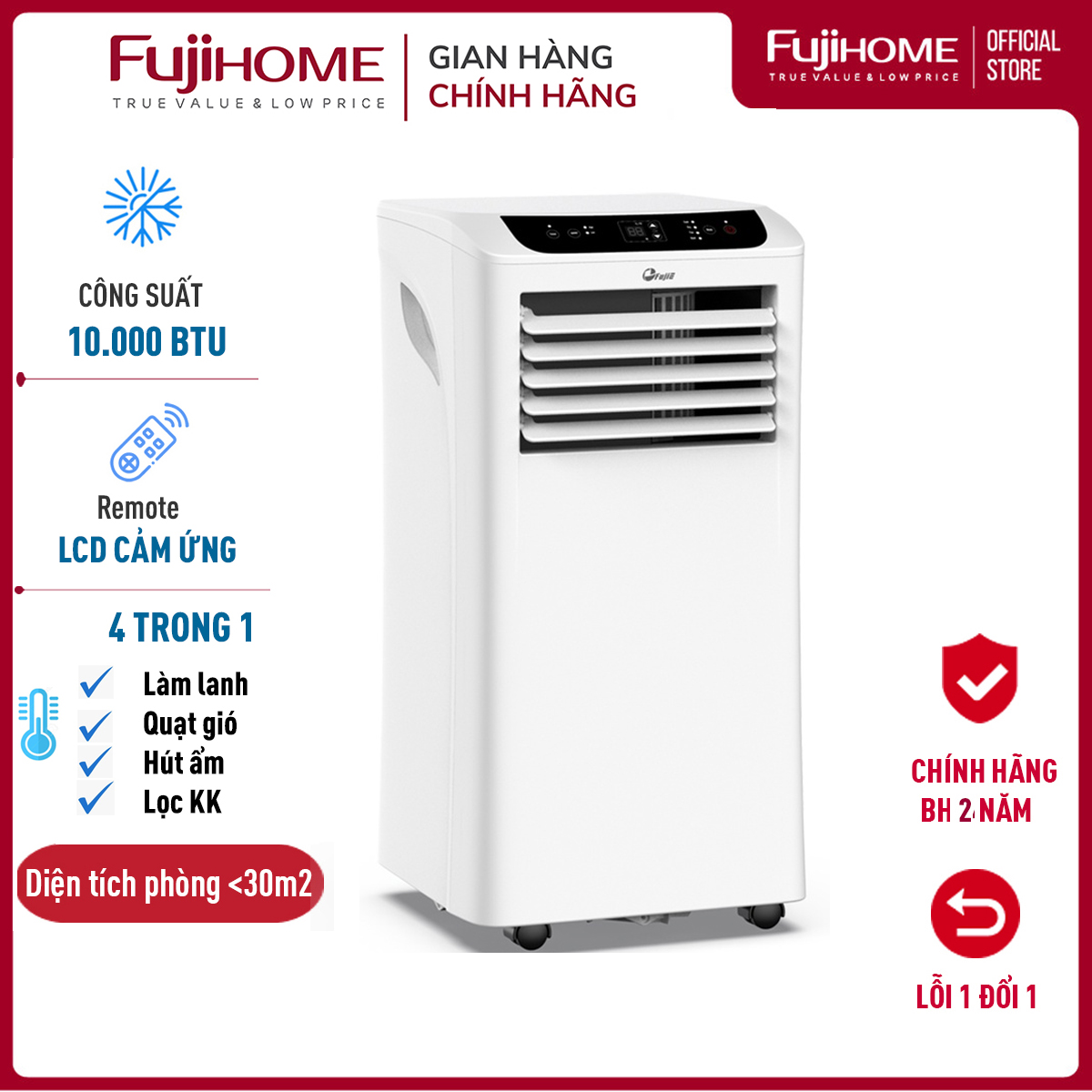 Điều hòa di động 9000 BTU-14.000 BTU FUJIHOME, máy lạnh đứng di động mini 4 chức năng, làm lanh, hút ẩm, lọc không khí, quạt điều khiển qua App, không cần lắp đặt - Hàng chính hãng