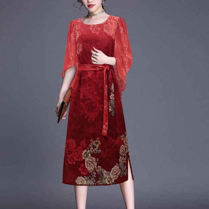 Đầm Suông Trung Niên Kiểu Đầm Suông BigSize In Hoa Lá Cột Eo - THỜI TRANG TRUNG NIÊN NỮ GOTI 3304