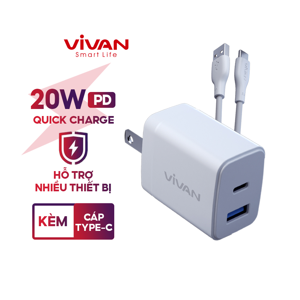 Củ Sạc Nhanh VIVAN Power 20 II U Công Suất 20W 2 Cổng Sạc USB/ Type-C Có Dây Type-C - Hàng chính hãng