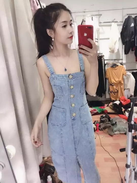 Yếm váy jean form dài có nắp NL199 – yếm bò ulzzang phong cách Hàn Quốc, Đầm jean yếm 2 dây