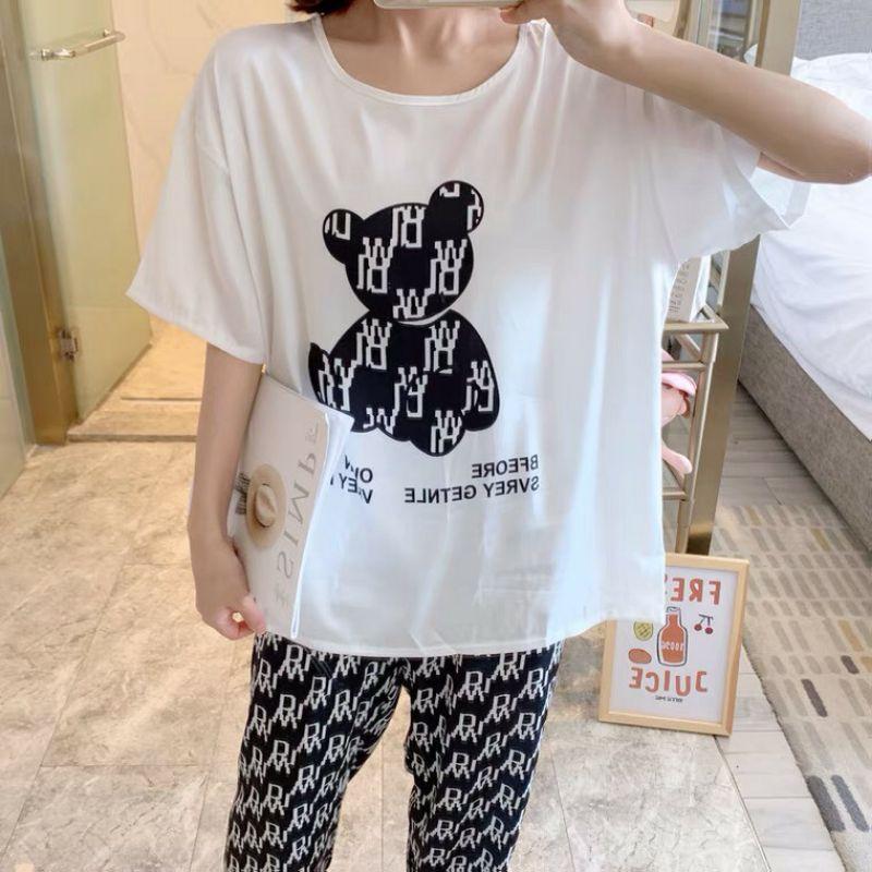 Đồ Bộ Mặc Nhà Nữ Đồ bộ thun gấu quần dài, đồ mặc ở nhà Quảng Châu, họa tiết hoạt hình dễ thương