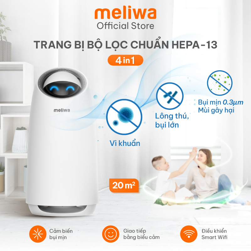 Máy lọc không khí thông minh Meliwa M20 nhỏ gọn, lọc bụi mịn, lông thú cho phòng ngủ bộ lọc HEPA giúp kháng khuẩn - Hàng Chính Hãng