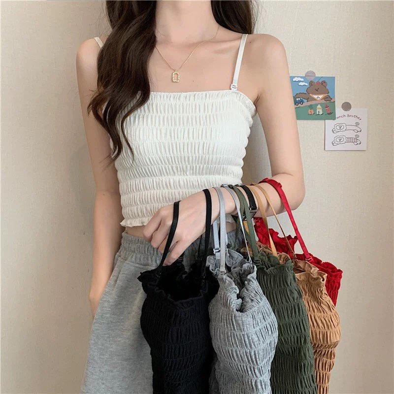 M31. Áo 2 dây croptop thun nhún sẵn mút ngực cá tính, áo nữ kiểu crotop sang chảnh 2022