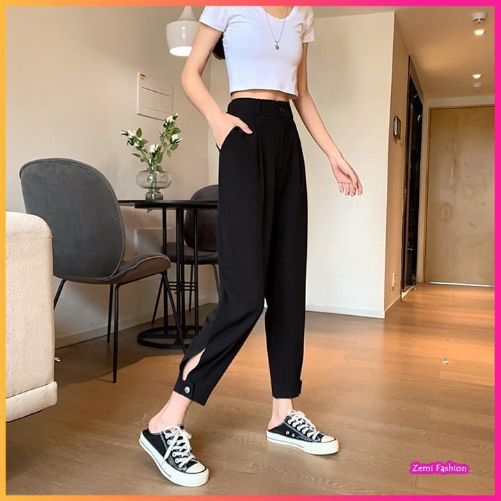 Quần baggy nữ cạp cao dáng rộng có khuy bo gấu Ulzzang
