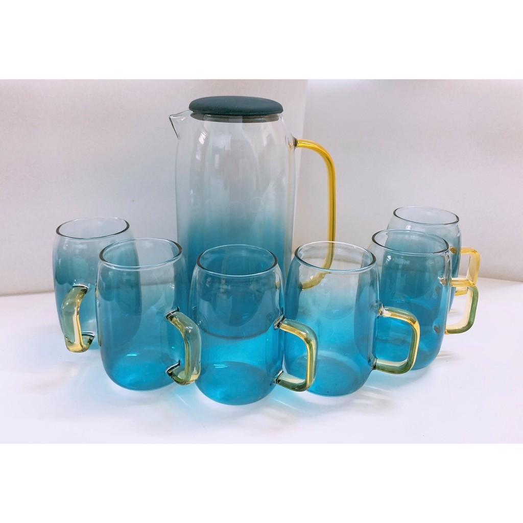 Bộ bình kèm 6 cốc thủy tinh uống nước xanh dương