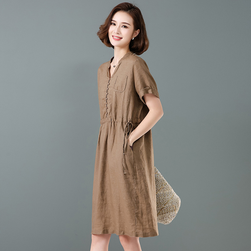 Váy sơ mi cổ V cộc tay dáng dài, Váy linen cao cấp che khuyết điểm tôn dáng Haint Boutique Da172