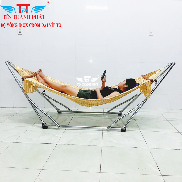 Võng xếp inox crom Đại Vip Tín Thành phát – Thiết kế sang trọng, khung chắc chắn, lưới võng đan thủ công tinh tế