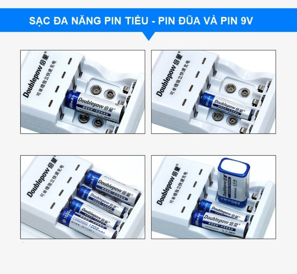 Combo Bộ Sạc Pin đa năng DP-D03 (sạc pin 9V, pin tiểu AA, pin đũa AAA ) Tặng 2 pin 9V Doublepow