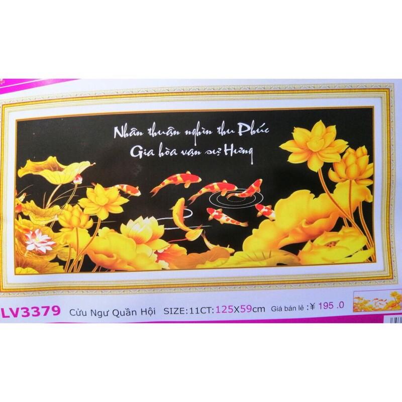 Tranh thêu chữ thập Cửu Ngư Hoa Sen LV3379 (125x59) chưa thêu