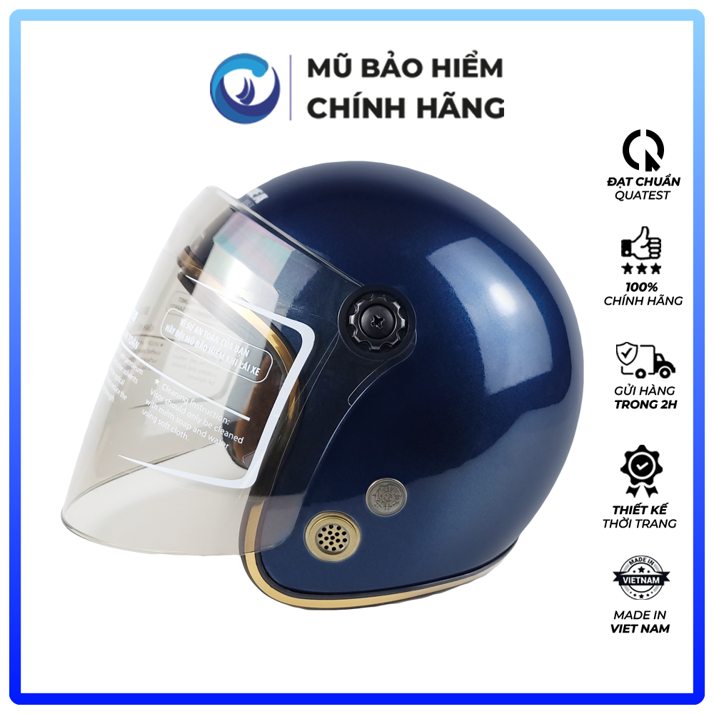 Mũ Bảo Hiểm 3/4 Blue Sea - BL34A100K - Có Kính dài Thời trang - Lót tháo rời - Freesize - Hàng chính hãng