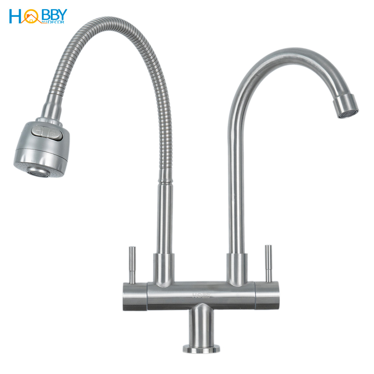 Vòi rửa chén lạnh 2 đầu xả vòi tăng áp inox 304 HOBBY Home Decor LX2D