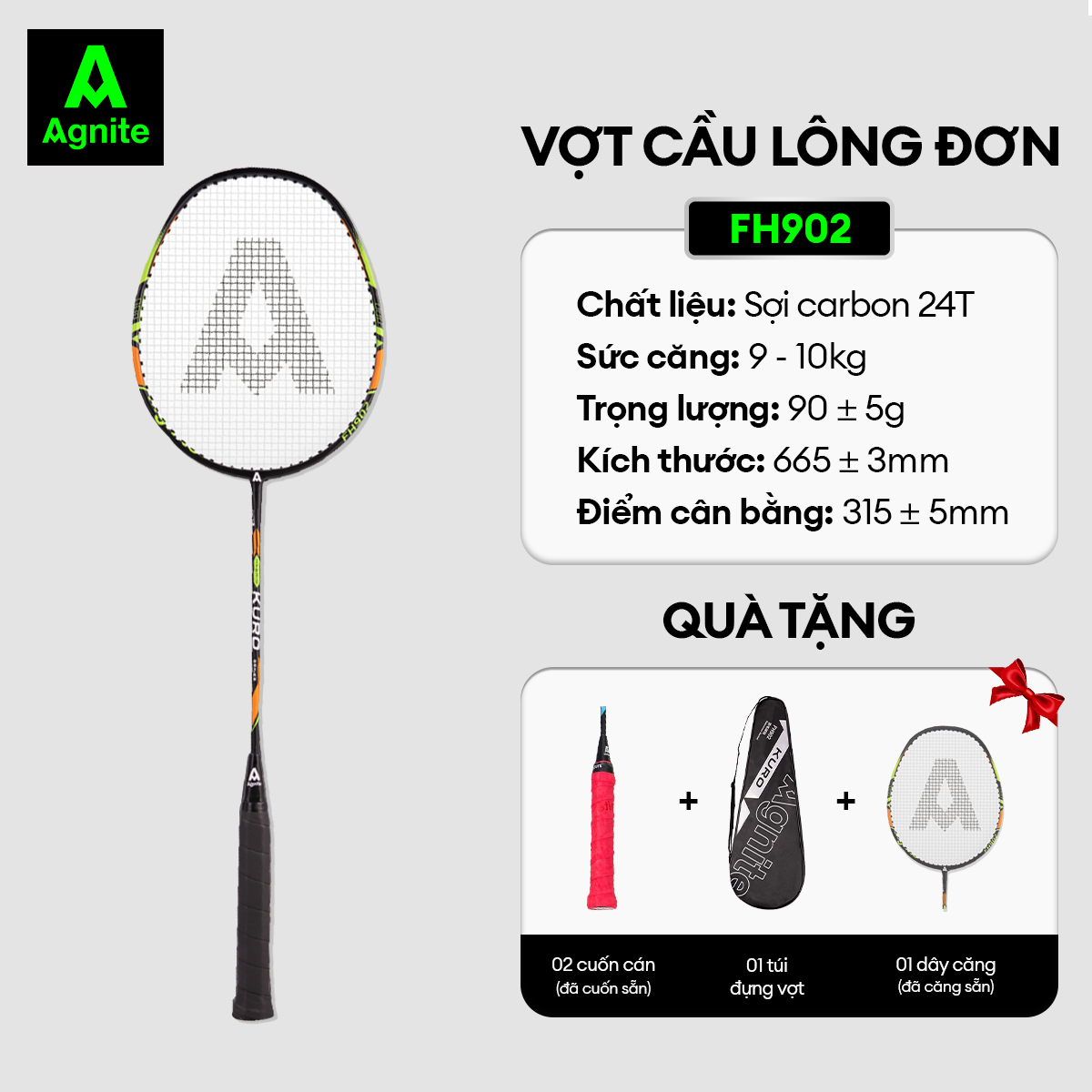 Vợt đơn 1 chiếc thiết kế mới, bền, đẹp, siêu nhẹ chính hãng Agnite tặng kèm túi đựng vợt - FH902