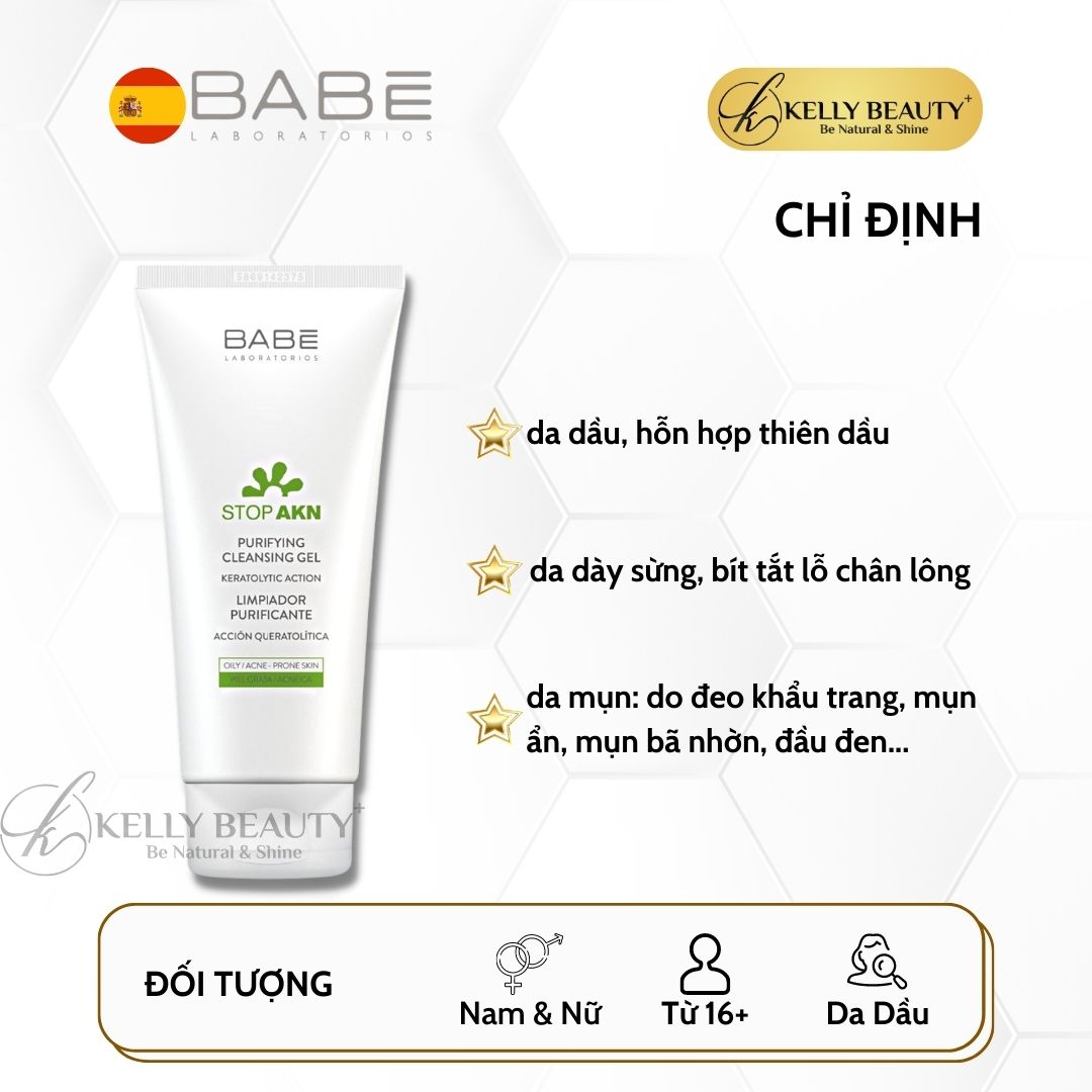 Gel Rửa Mặt Cho Da Dầu Mụn BABE Stop AKN Purifying Cleansing Gel - Làm Sạch Sâu, Kiềm Dầu, Giảm Sưng Viêm | Kelly Beauty