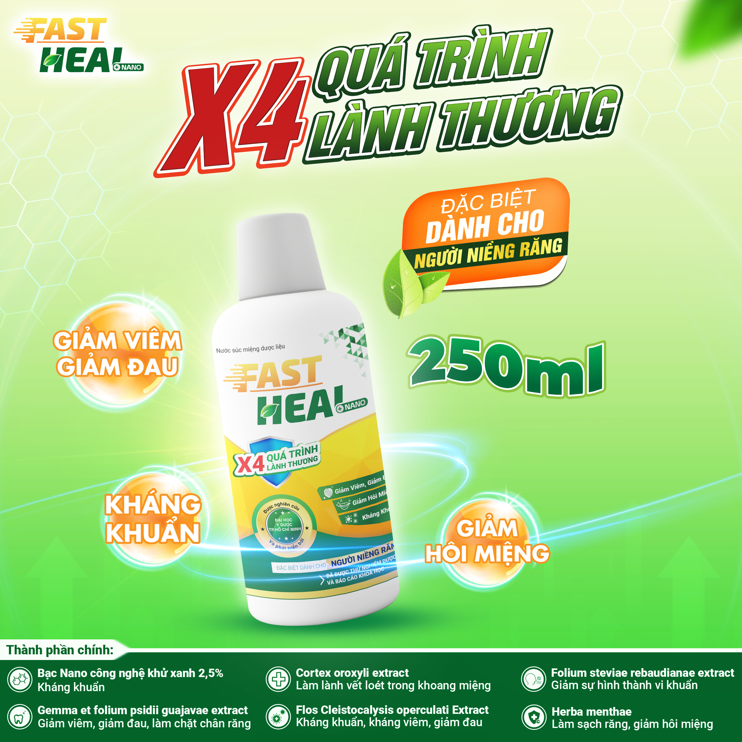 Nước súc miệng dược liệu Fast Heal Nano - Giảm viêm, giảm đau, kháng khuẩn, giảm hôi miệng, người niềng răng- Chai 500ml