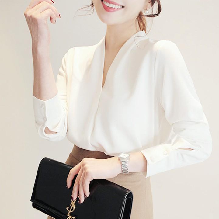 Áo sơ mi nữ công sở màu trắng cổ V