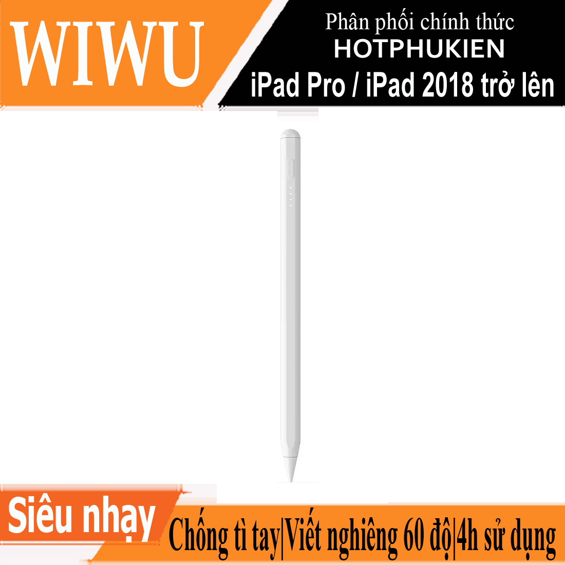 Bút cảm ứng stylus thông minh đầu bút siêu mịn mượt hiệu WIWU Pencil Pro Max cho iPad Pro và các dòng iPad / iPad Mini từ đời 2018 trở lên hỗ trợ viết vẽ nghiêng hơn 60 độ, chống tì tay, trang bị nam châm hít vào iPad - hàng nhập khẩu