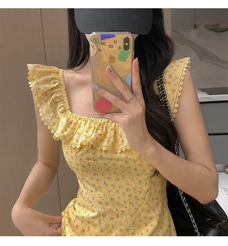 TOBE1SHOP Trà nghỉ kiểu Pháp cổ vuông tay áo nhỏ màu vàng hoa đầm nhỏ thắt lưng lộ vẻ gầy mùa hè váy dài đến mắt cá chân