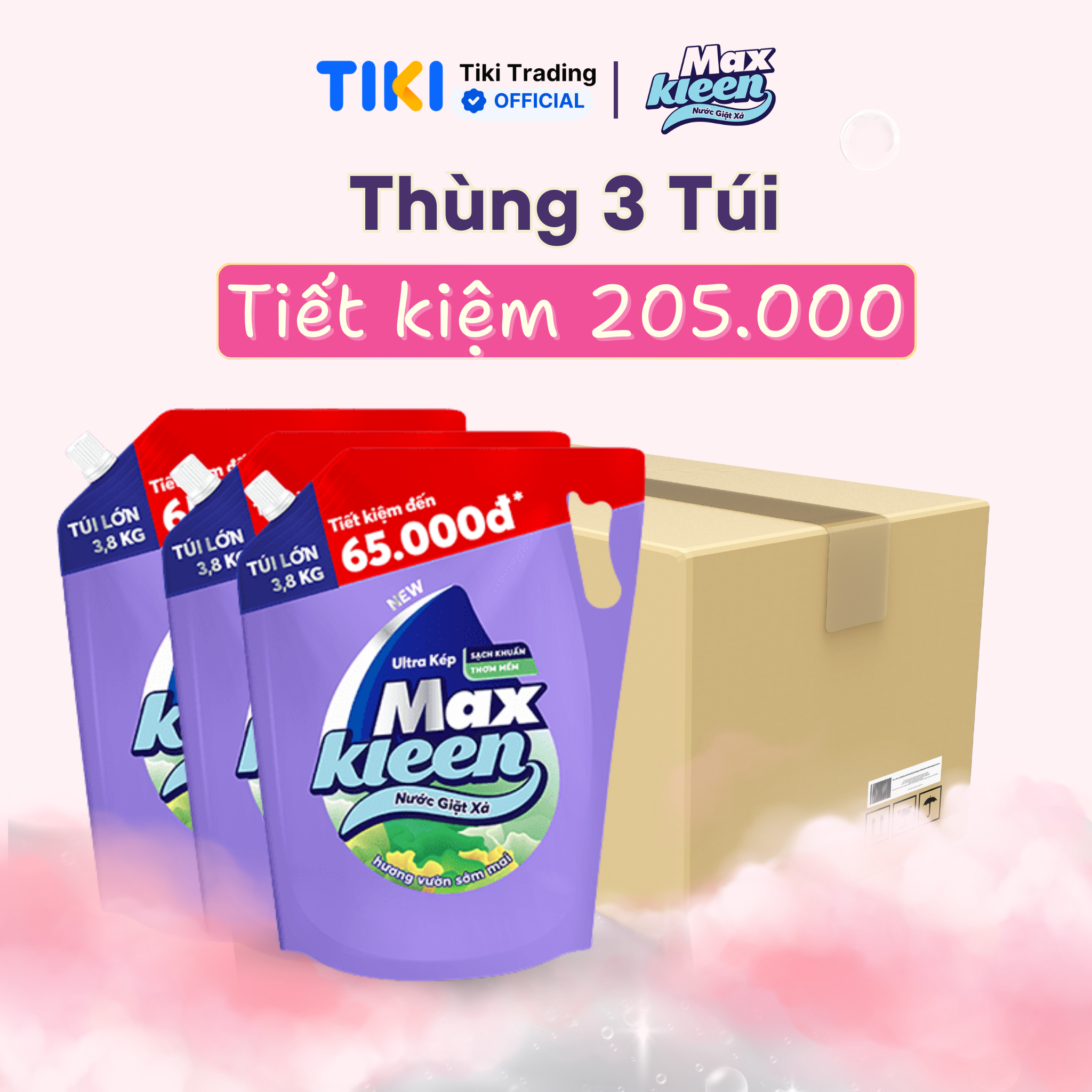 Thùng 3 Túi Nước Giặt Xả MaxKleen Hương Vườn Sớm Mai (3.8kgx3)