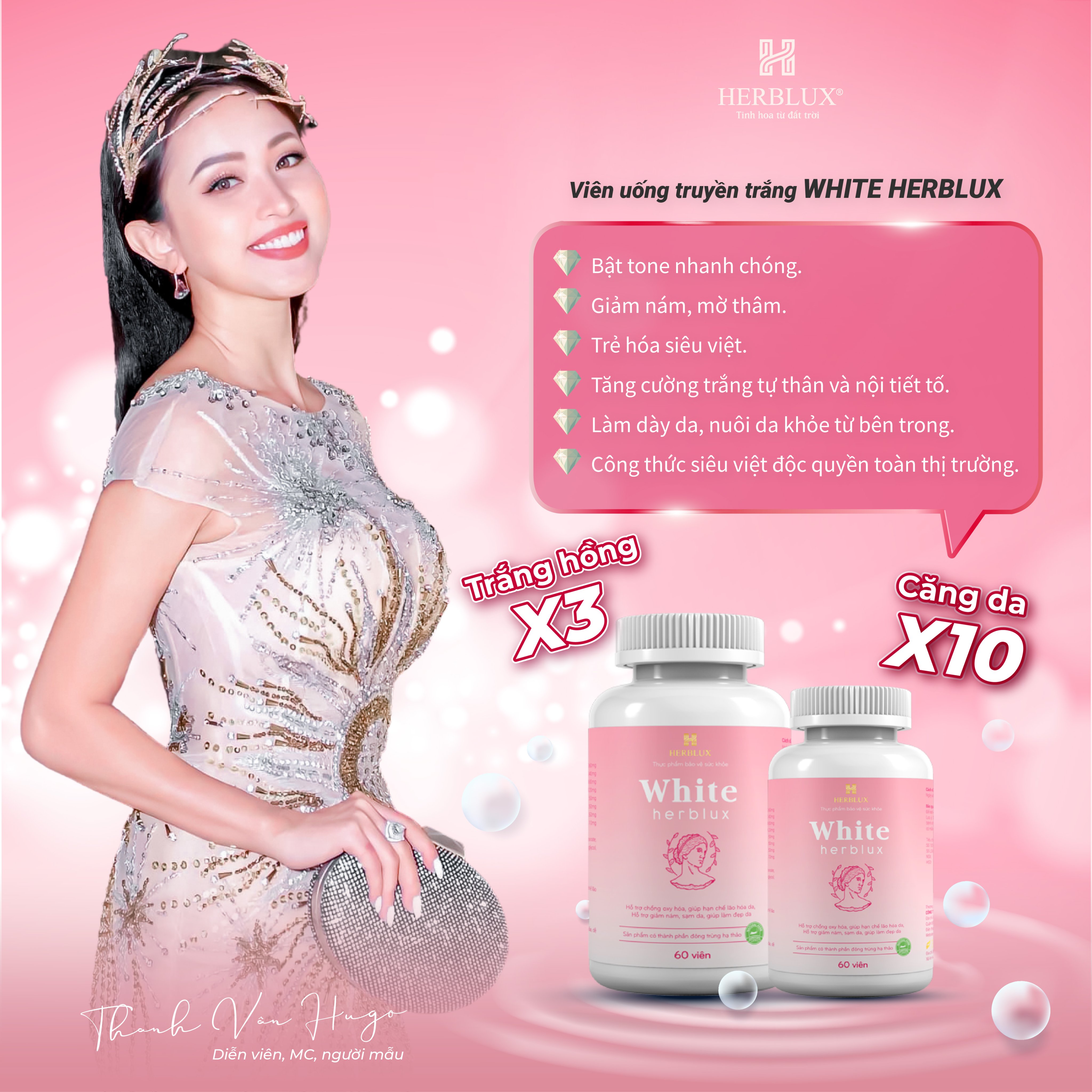 Viên Uống Trắng Da WHITE HERBLUX Chống Lão Hóa Dưỡng Cấp Ẩm Da Mặt Body Căng Bóng Giảm Thâm Nám Tàn Nhang Mụn Bổ Sung Collagen Đông Trùng Hạ Thảo Tăng Nội Tiết Tố Nữ