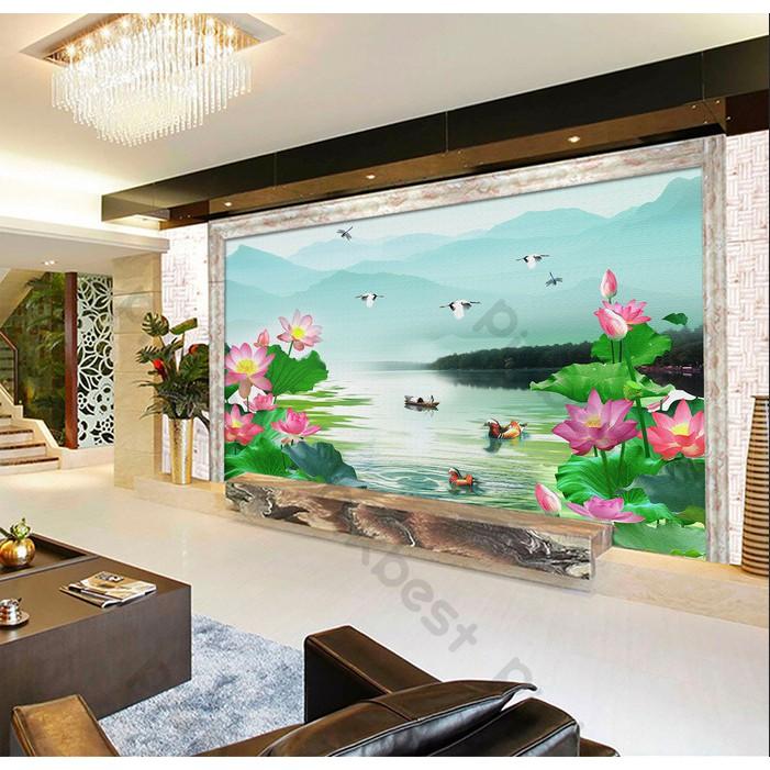 Tranh dán tường Tranh phong cảnh cánh đồng hoa sen, Tranh dán tường 3d hiện đại MS1215183