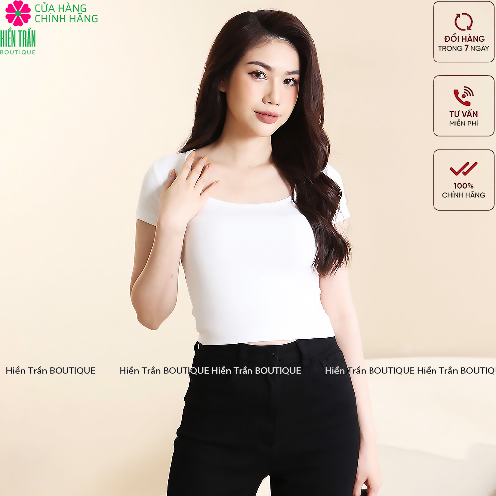 Áo croptop Hiền Trần BOUTIQUE cổ vuông cộc tay vải thun ôm body crotop nữ cotton co giãn tốt