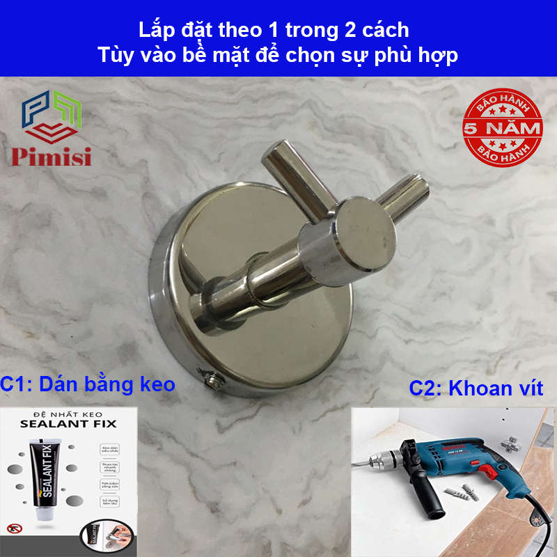 Móc treo đơn Pimisi inox 304 DÁN TƯỜNG dùng để treo quần áo - khăn tắm - phụ kiện - đồ dùng gia đình | Hàng chính hãng