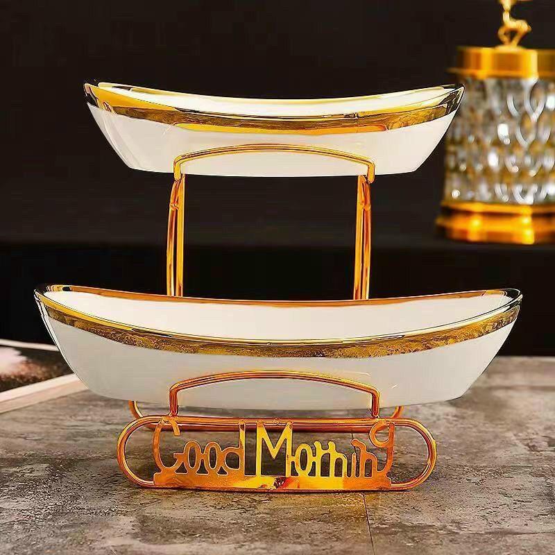 KHAY ĐỰNG BÁNH KẸO HOA QUẢ SỨ 2 TẦNG GOOD MORNING KHUNG KIM LOẠI MẠ VÀNG CAO CẤP