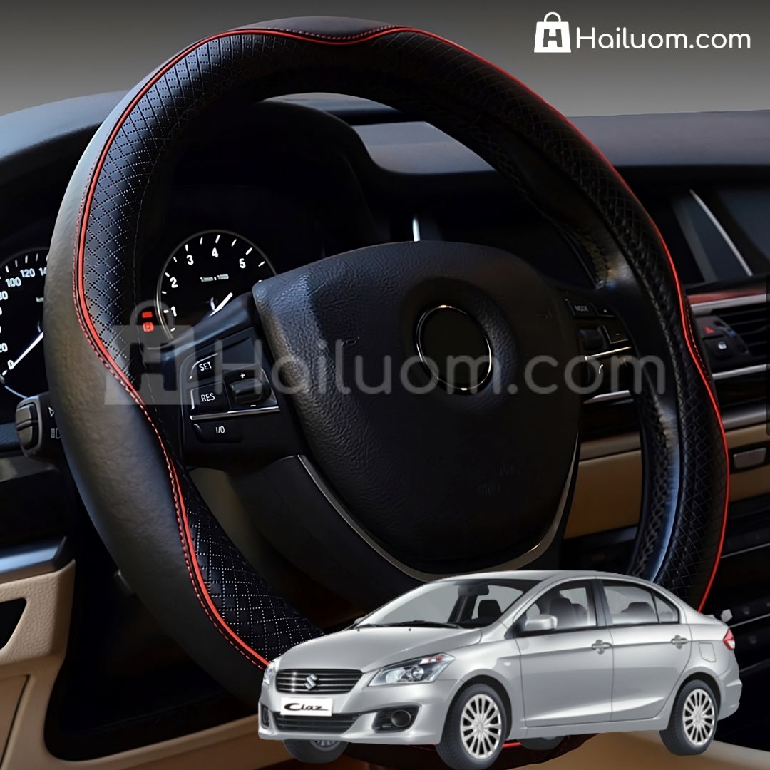 Bọc Vô Lăng ô tô cho SUZUKI CIAZ Da Thật Cao Cấp - Màu Đen Chỉ Đỏ