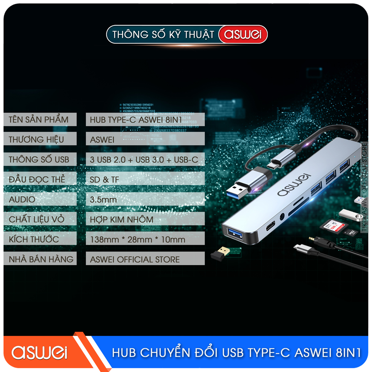 Hub Chuyển Đổi USB Type C ASWEI 8 in 1 To USB 3.0, SD, TF, USB C, Audio 3.5 - Hàng Chính Hãng