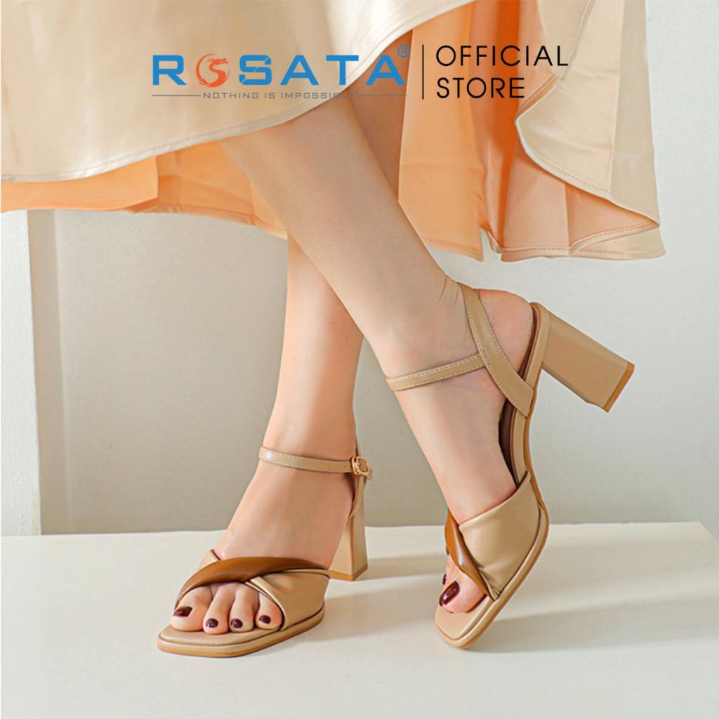 Dép sandal nữ ROSATA RO573 mũi tròn xỏ ngón phối kiểu quai hậu cài khóa dây mảnh gót vuông cao 6cm xuất xứ Việt Nam