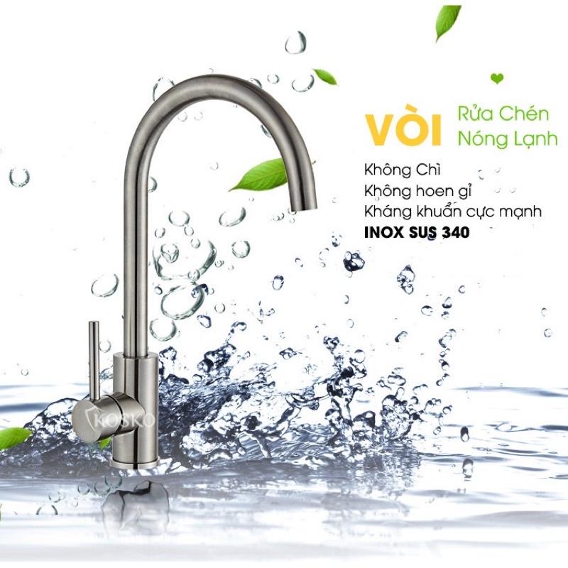 Vòi rửa bát nóng lạnh inox 304 (Tặng 2 dây cấp tròn nóng lạnh), vòi rửa chén nóng lạnh tăng áp