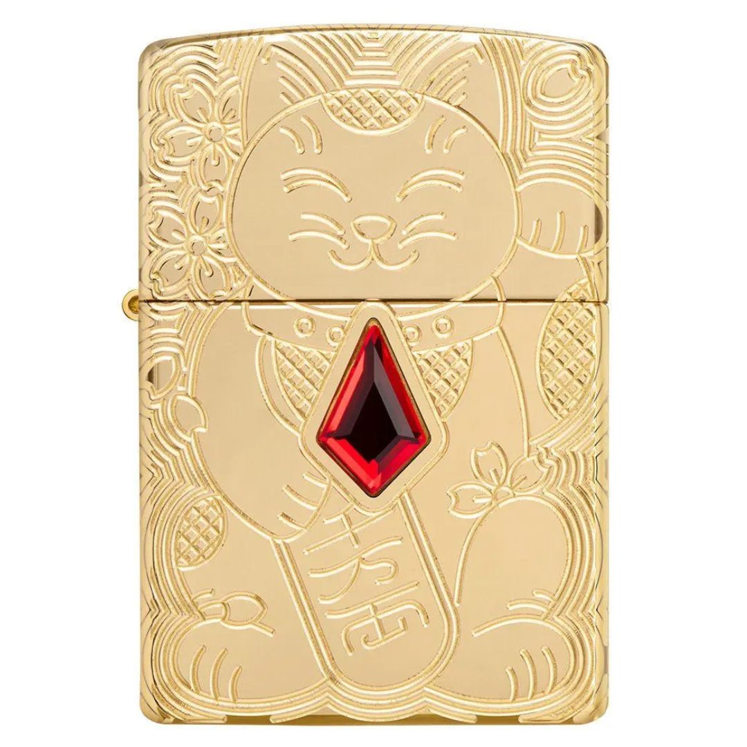 Zippo Armor Lucky Cat Chính Hãng – Bật Lửa Mèo May Mắn Mạ Vàng Đính Đá Đỏ