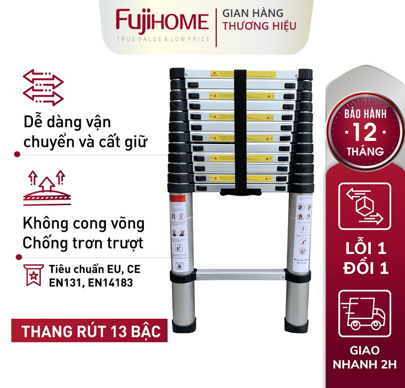 Thang nhôm rút đơn Nhập Khẩu 3,8M gấp gọn Nhật Bản Fujihome chống trượt, thang rút xếp gấp gọn gia đình đa năng 3m8 mét có khóa an telescoping ladder - Hàng Nhập Khẩu