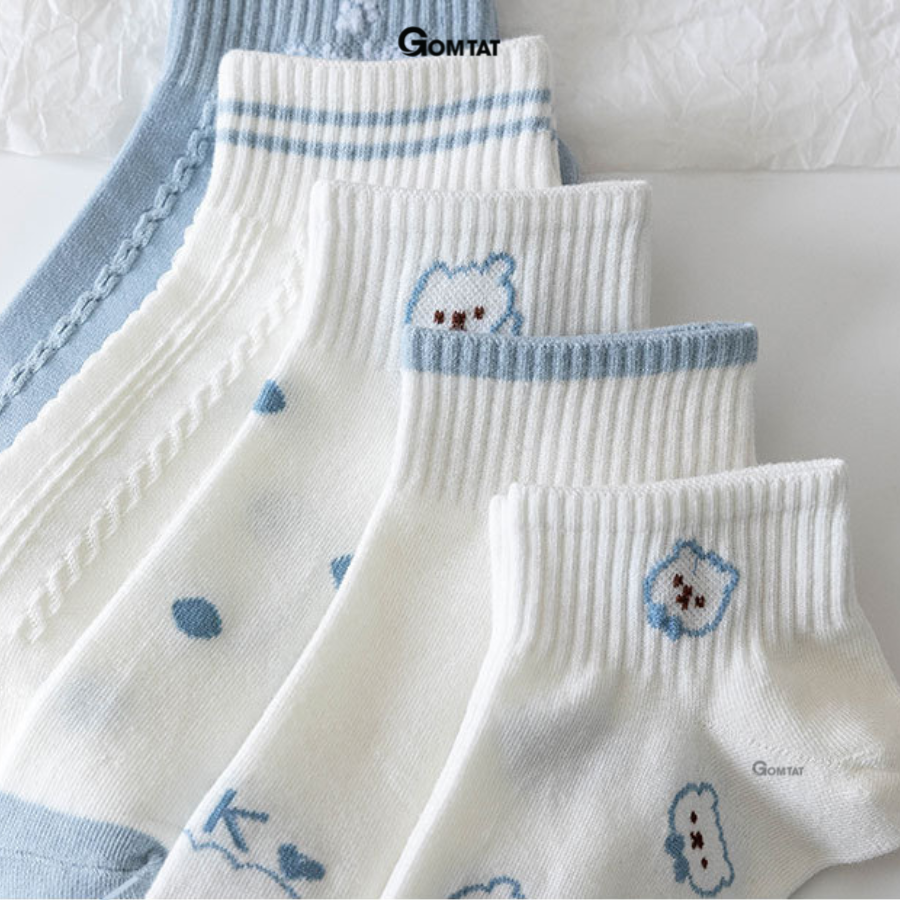 Set 5 đôi vớ nữ cổ ngắn họa tiết đơn giản siêu dễ thương, tất nữ cổ thấp chất liệu cotton mềm mỏng thoáng mát - CB089