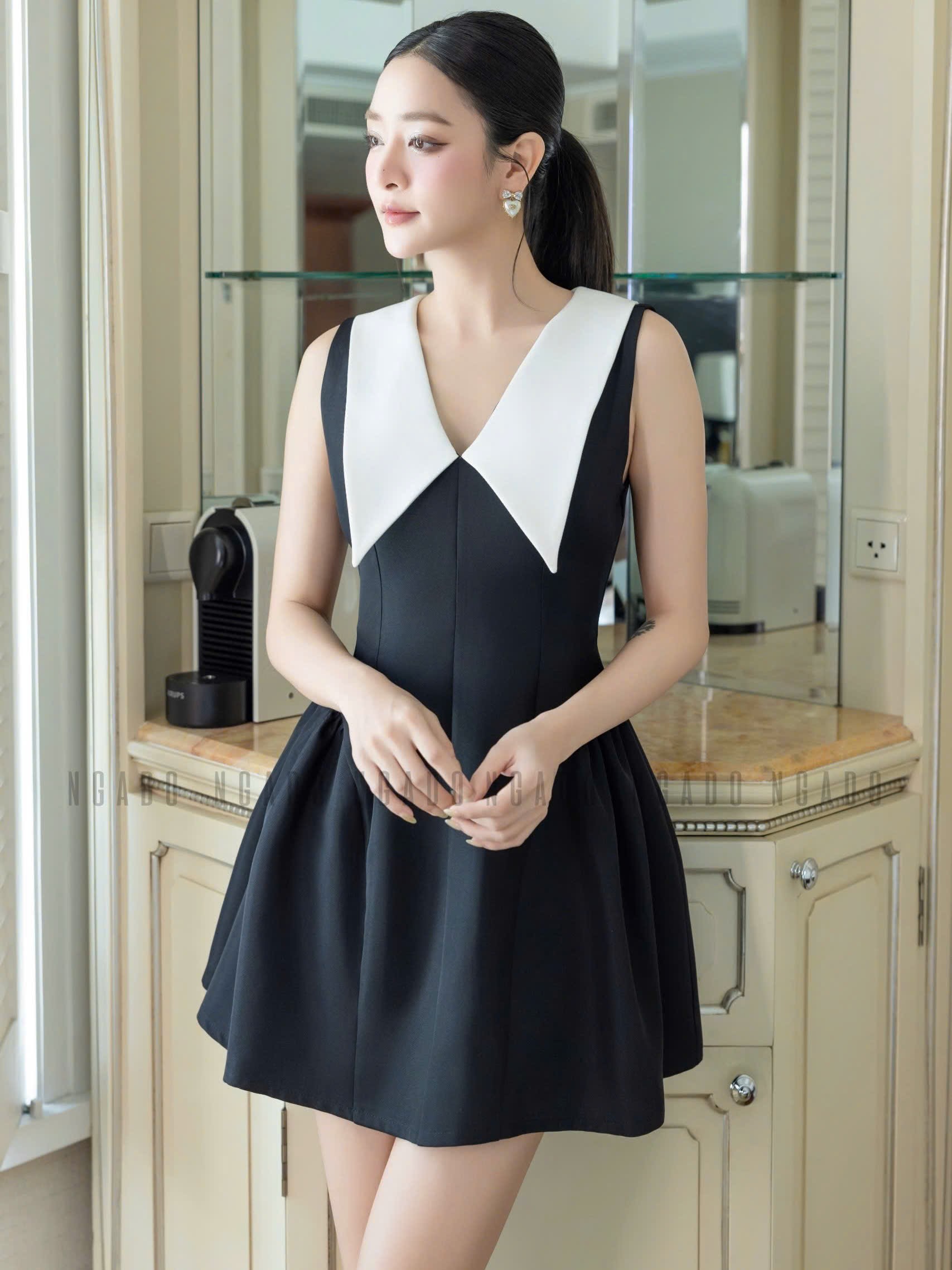 Đầm đen sát nách phối cổ trắng NGADO , đầm nữ , đầm dự tiệc