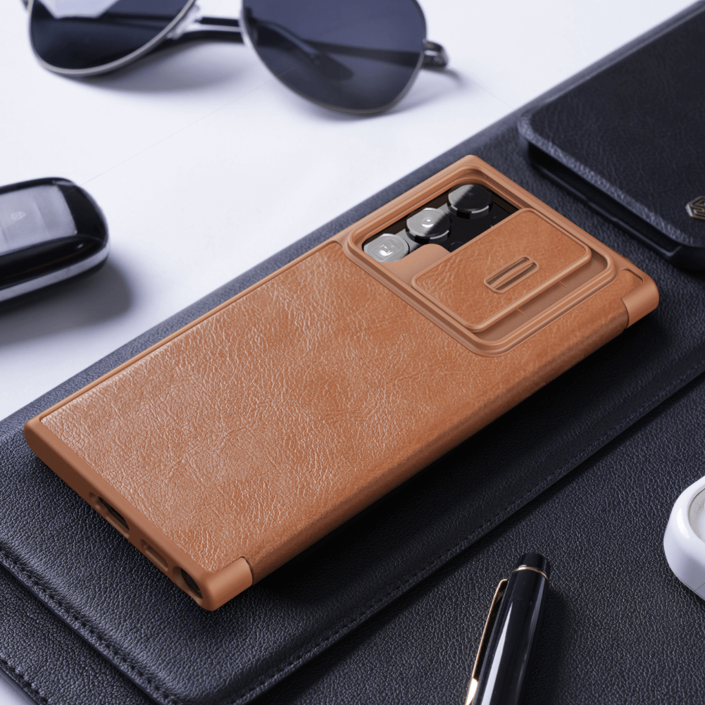 Case bao da chống sốc cho Samsung Galaxy S22 Ultra hiệu Nillkin Qin Pro trang bị nắp bảo vệ Camera - hàng nhập khẩu