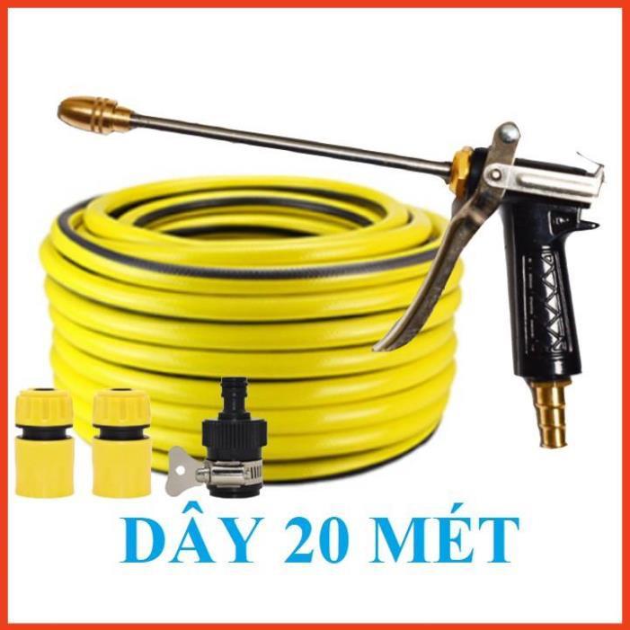 Bộ dây vòi xịt nước rửa xe, tưới cây . tăng áp 3 lần, loại 20m 206318 đầu đồng, cút, nối đen