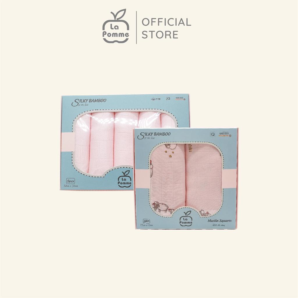 Combo 2 K001 Set 5 Khăn sữa (30x30cm) màu Hồng + K002 Set 2 Khăn đa năng sợi tre lụa La Pomme (75x75cm) - Pink Sheep