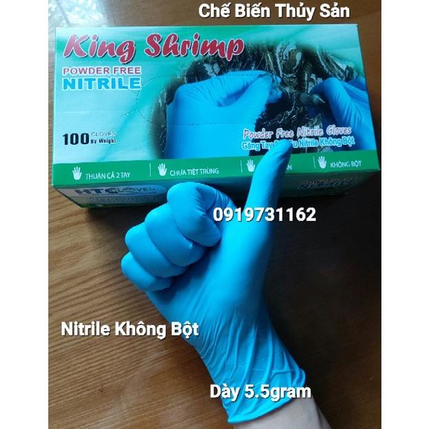 [ Hàng Chính Hãng Miễn Ship ] Găng Tay Nitrile Xanh Không Bột Cao Cấp KingShrimp Gloves. Bao Tay Xanh Dày 5.5gram