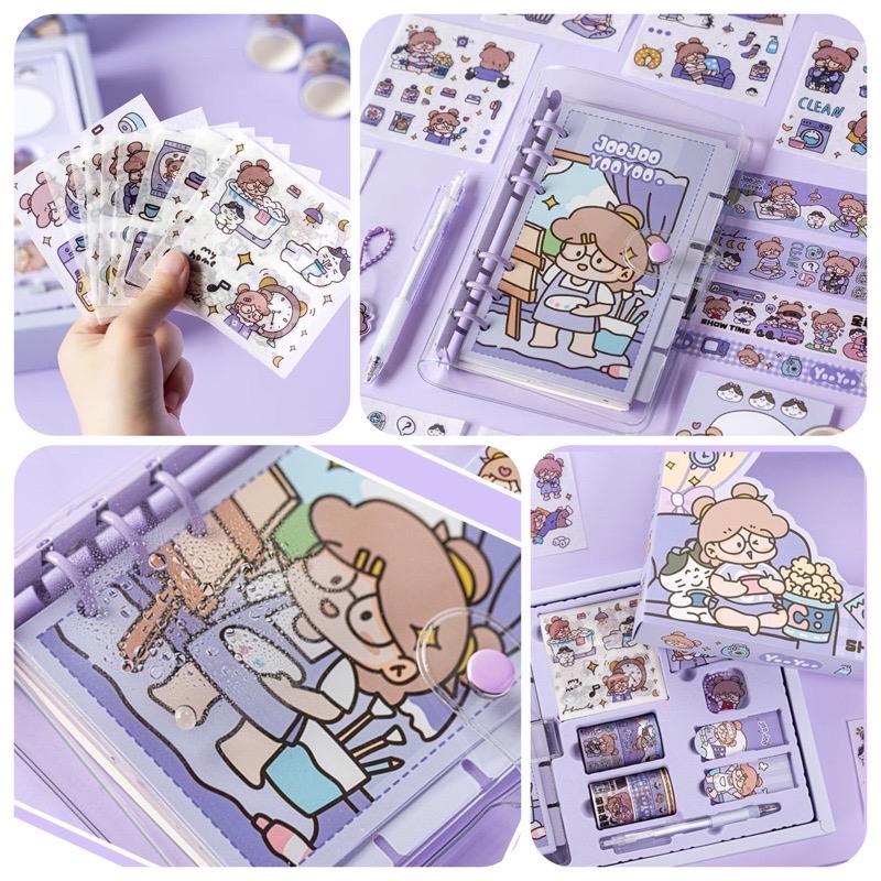 Set hộp quà tặng dễ thương kèm sổ tay sticker, washi, giấy note và móc khoá xinh và miếng nam châm chặn giấy