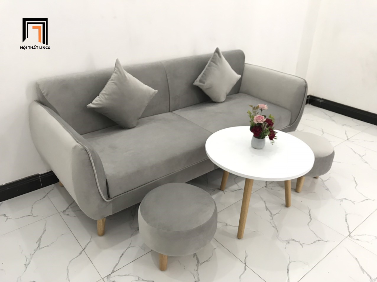 Bộ ghế sofa băng văng dài CV xám ghi trắng vải nhung nhiều kích cỡ