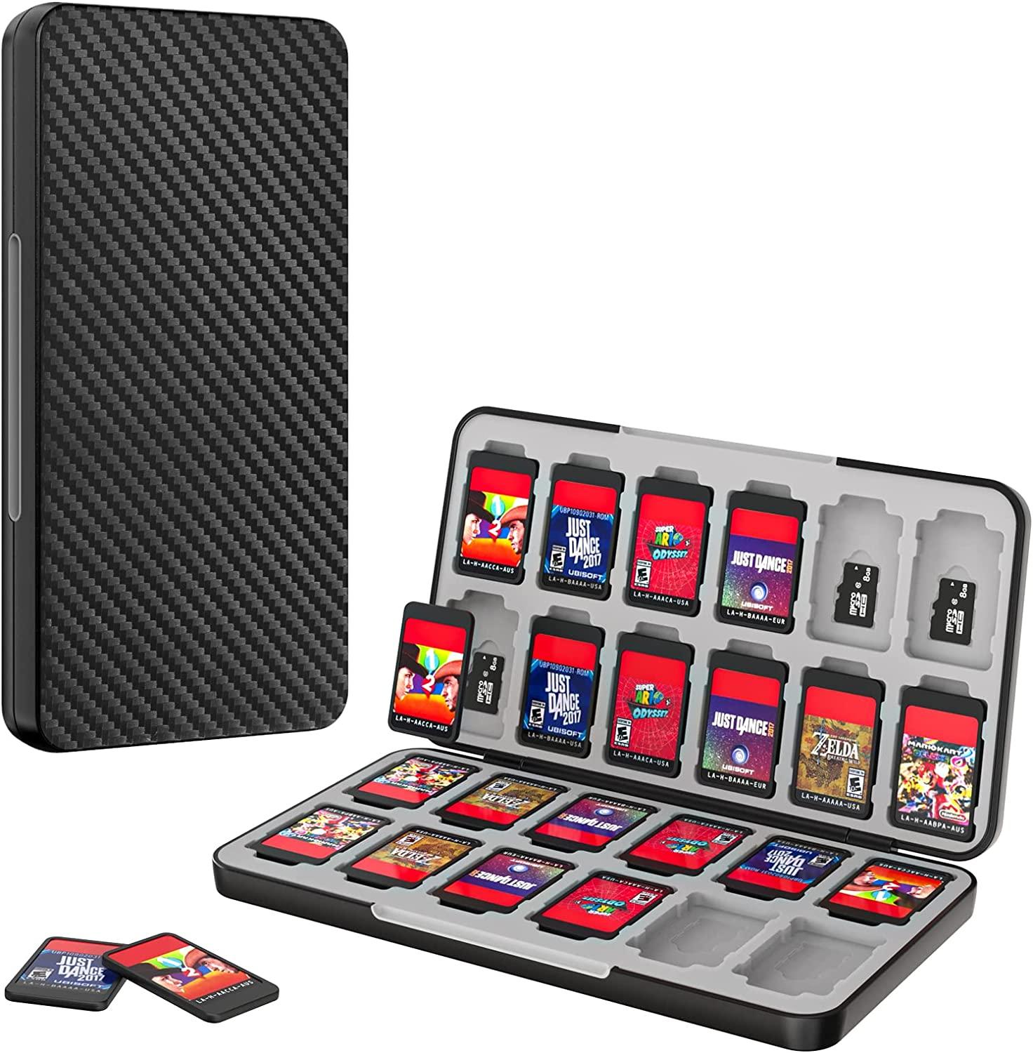 Hộp lưu trữ thẻ trò chơi tương thích với mô hình Nintendo Switch OLED/Switch/SwitchLite Hộp bảo vệ bộ nhớ 24 khe với sợi carbon đen