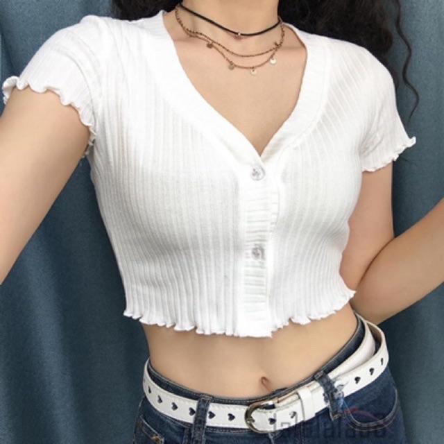 Áo croptop cổ V viền bèo đen trắng tím