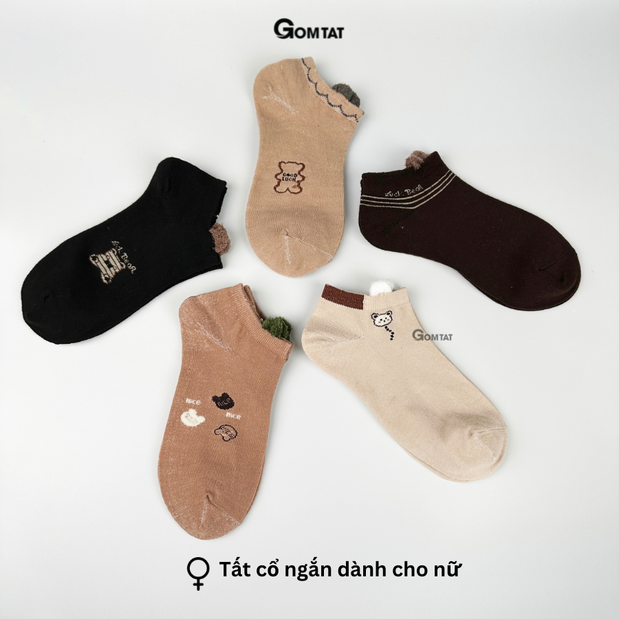 Set 5 đôi tất vớ nữ cổ ngắn GOMTAT mẫu gấu vintage, chất liệu cotton mềm mại thoáng mát cực êm chân - LISU33-GAUNGAN