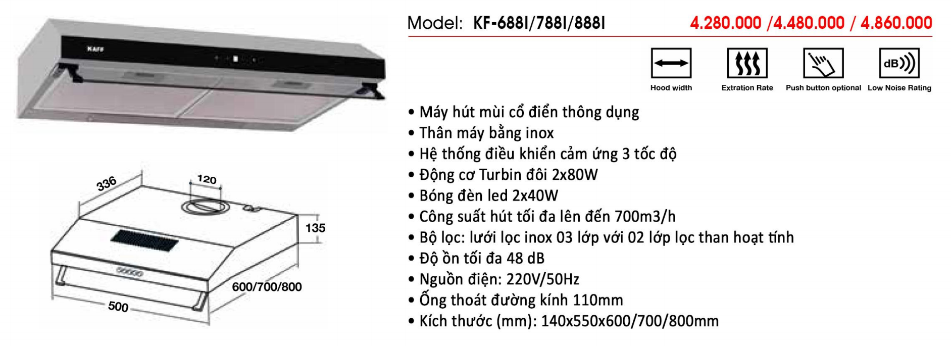 Máy hút khói, khử mùi cổ điển KAFF KF-788I - Hàng chính hãng