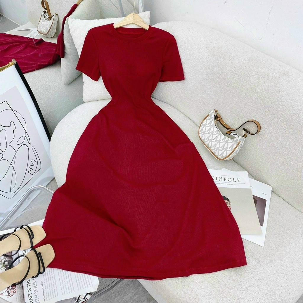 Đầm thun xoè midi hở lưng dây cột nơ siêu hot
