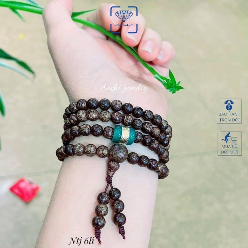 Vòng tay trầm hương nữ 108 hạt 6li mix lu thống dát vàng phong thủy, Anchi jewelry